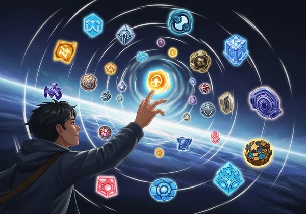 Person celebrating a discovery, surrounded by creative elements.