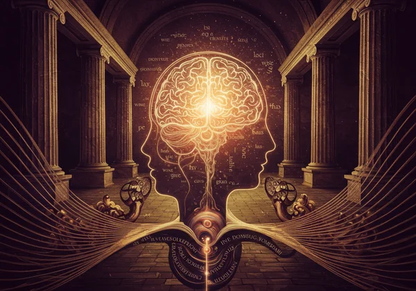 Piliers grecs antiques avec un cerveau lumineux, symbolisant la philosophie