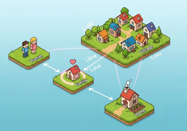 Isometric view of a family unit evolving into a village